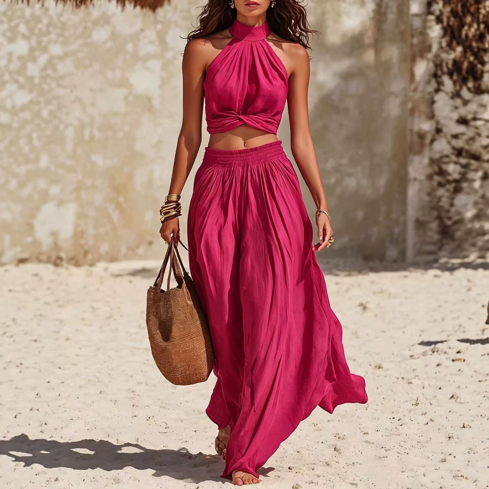 Women's Halter Twist Crop Top and Wide-Leg Pants Set Casual Vacation Outfit