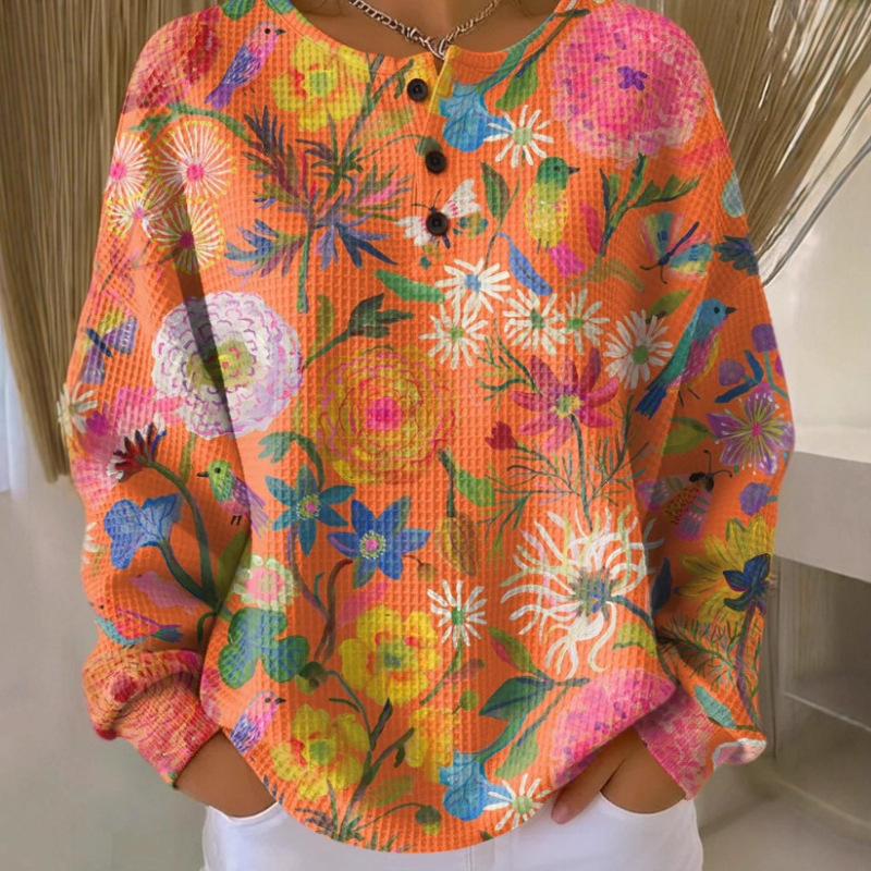 Women's Christmas Floral Print Button Sweatshirt