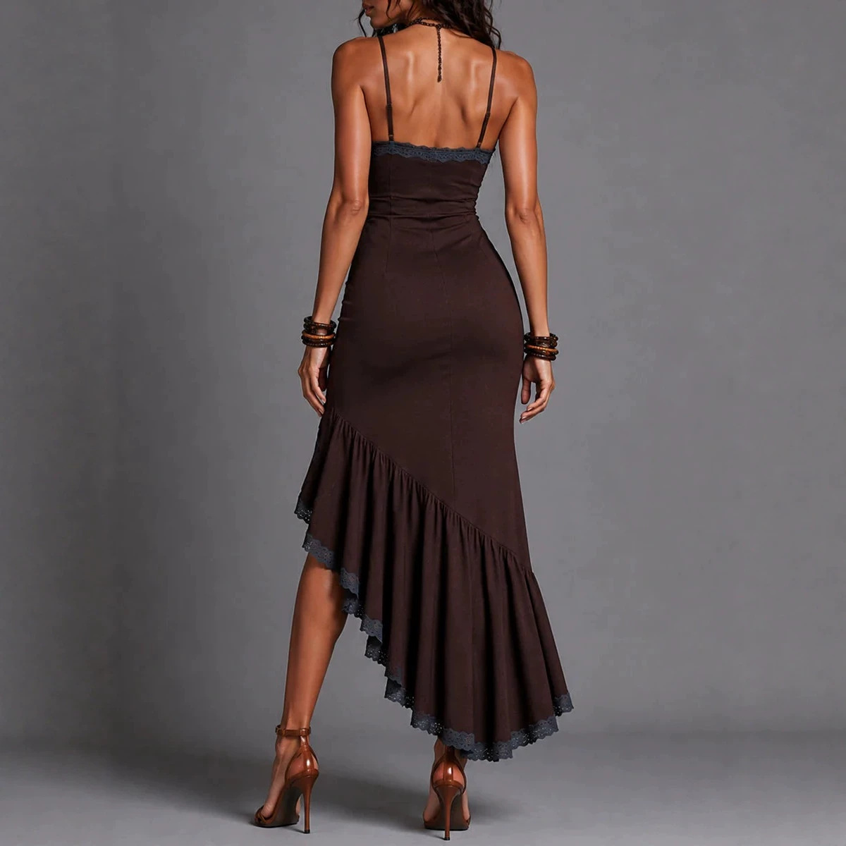 Retro Lace Trim Cami Dress with Front Tie and High Slit Irregular Mermaid Hem
