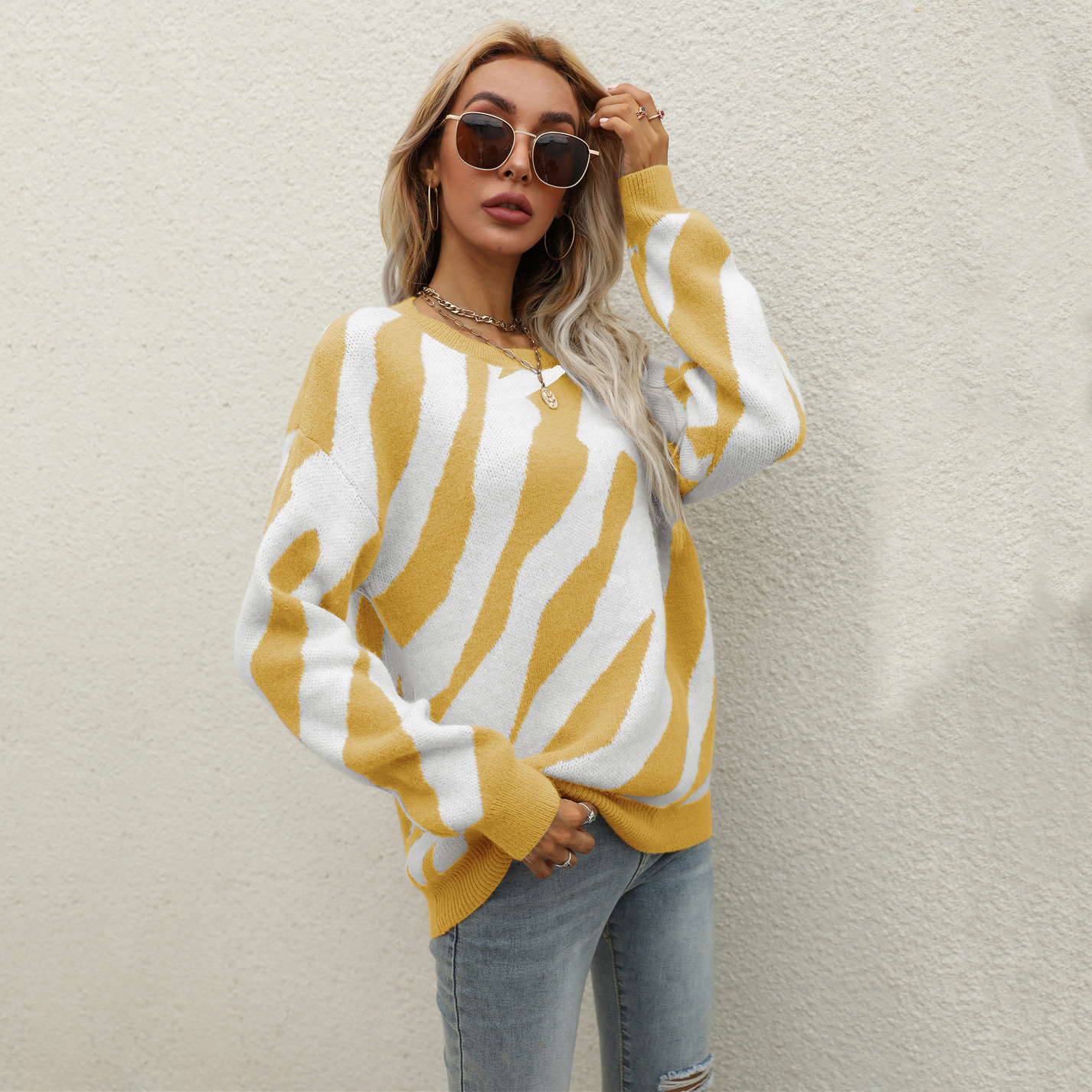 Striped Knit Pullover Sweater with Round Neck, Plus Size