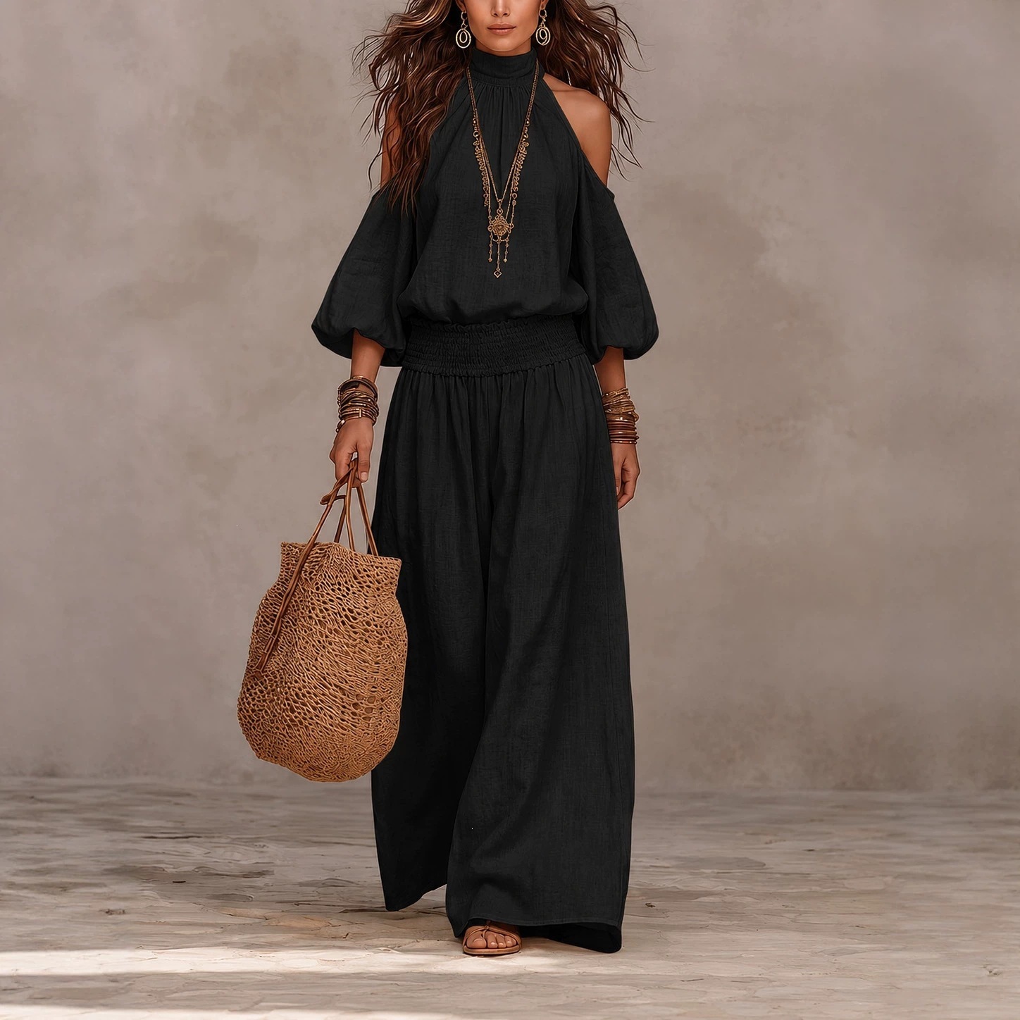 Women's Loose Long Sleeve Cutout Lantern Sleeve Two-Piece Set