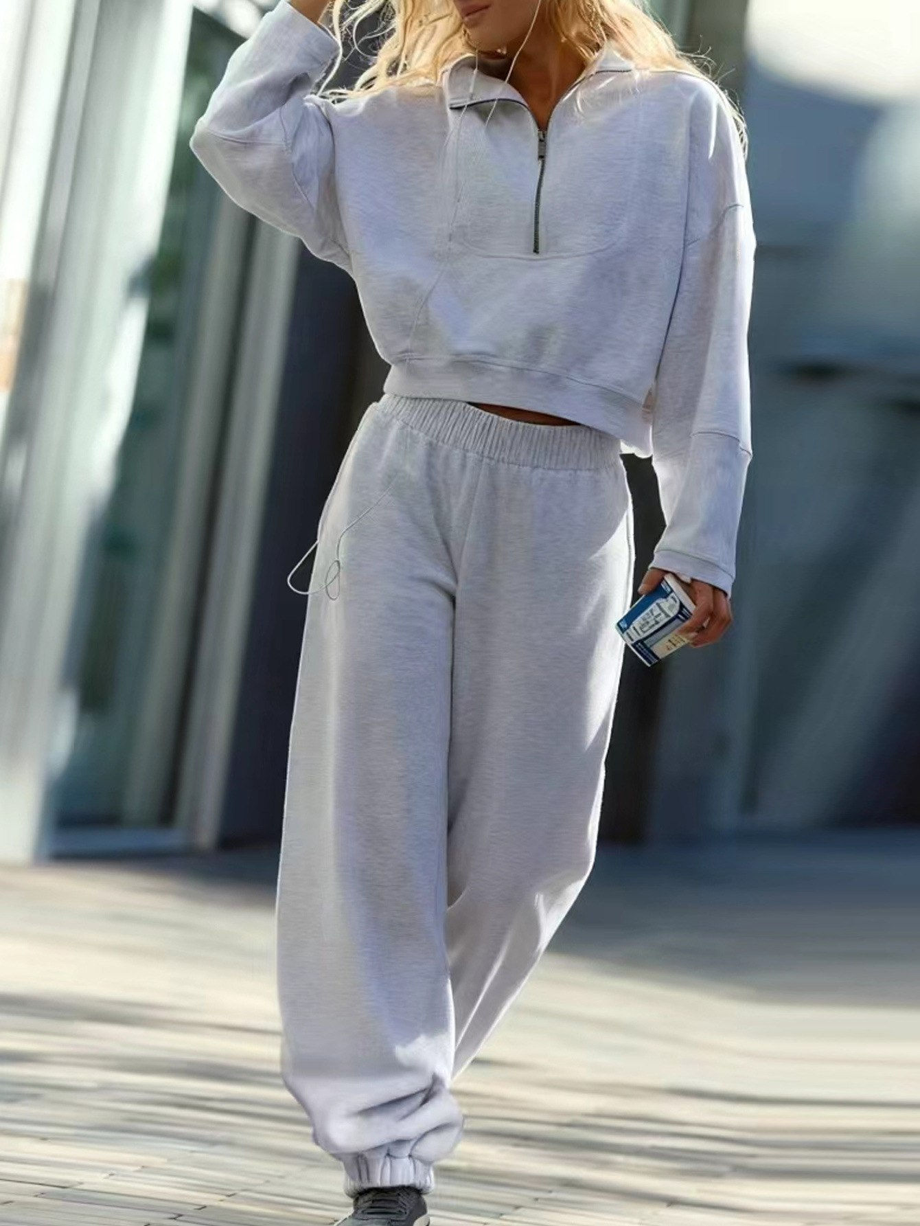 Women's Half-Zip Pullover Sweatshirt and Pants Set Casual Solid Color