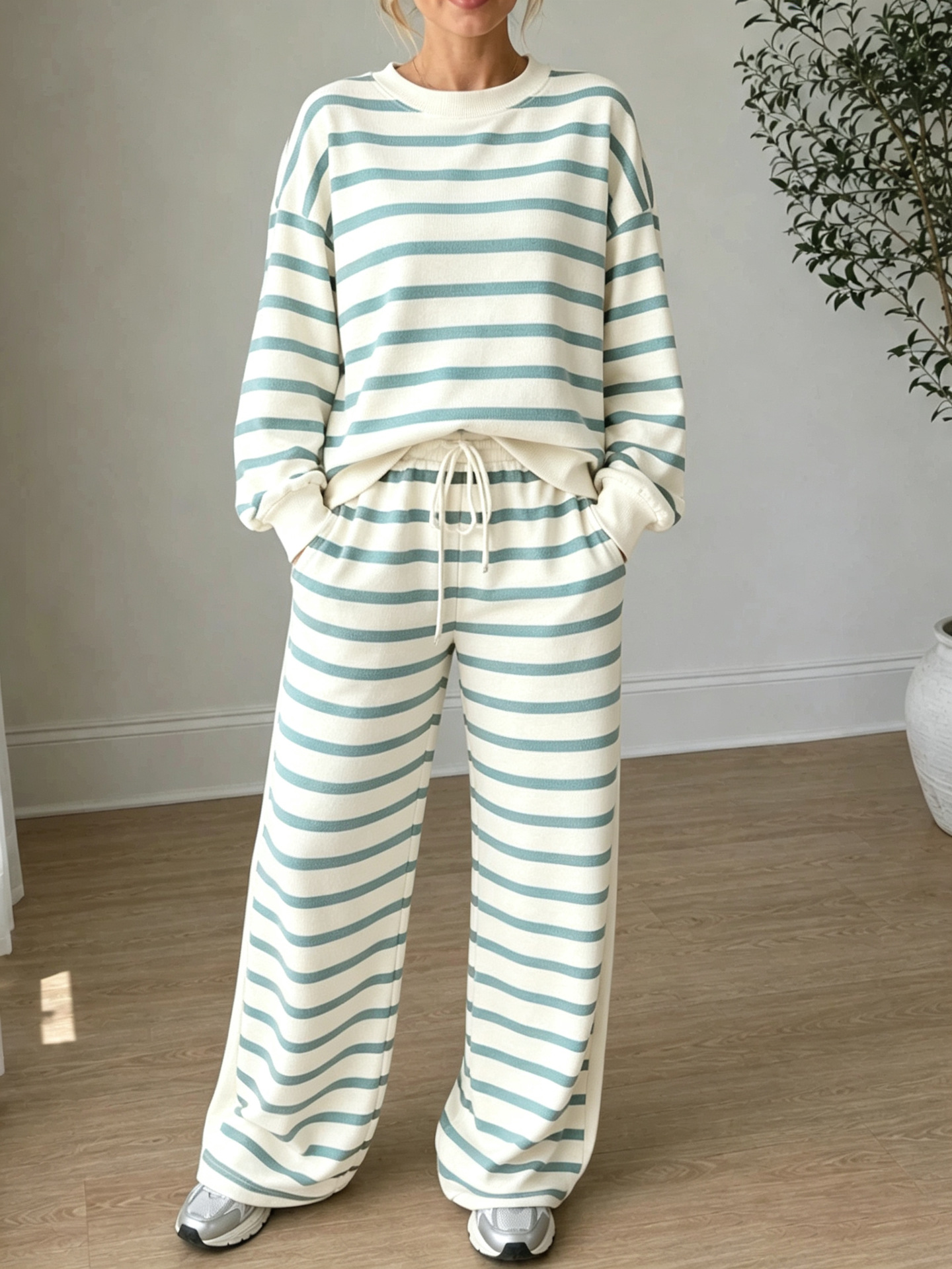 Women's High-Waist Striped Print Long-Sleeve Two-Piece Casual Set