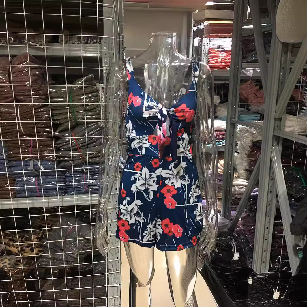Sexy Printed Cami Romper with Bow Tie Chest