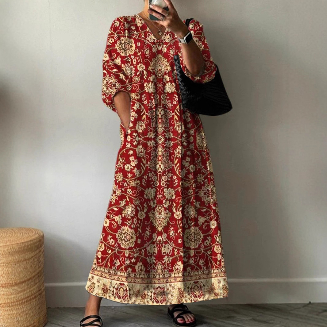 Women's V-Neck Floral Midi Dress Casual Long A-Line