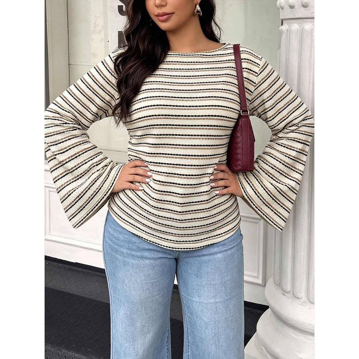 Women's Plus Size Striped Bell Sleeve Top Round Neck Loose Fit Long Sleeve Casual Tee