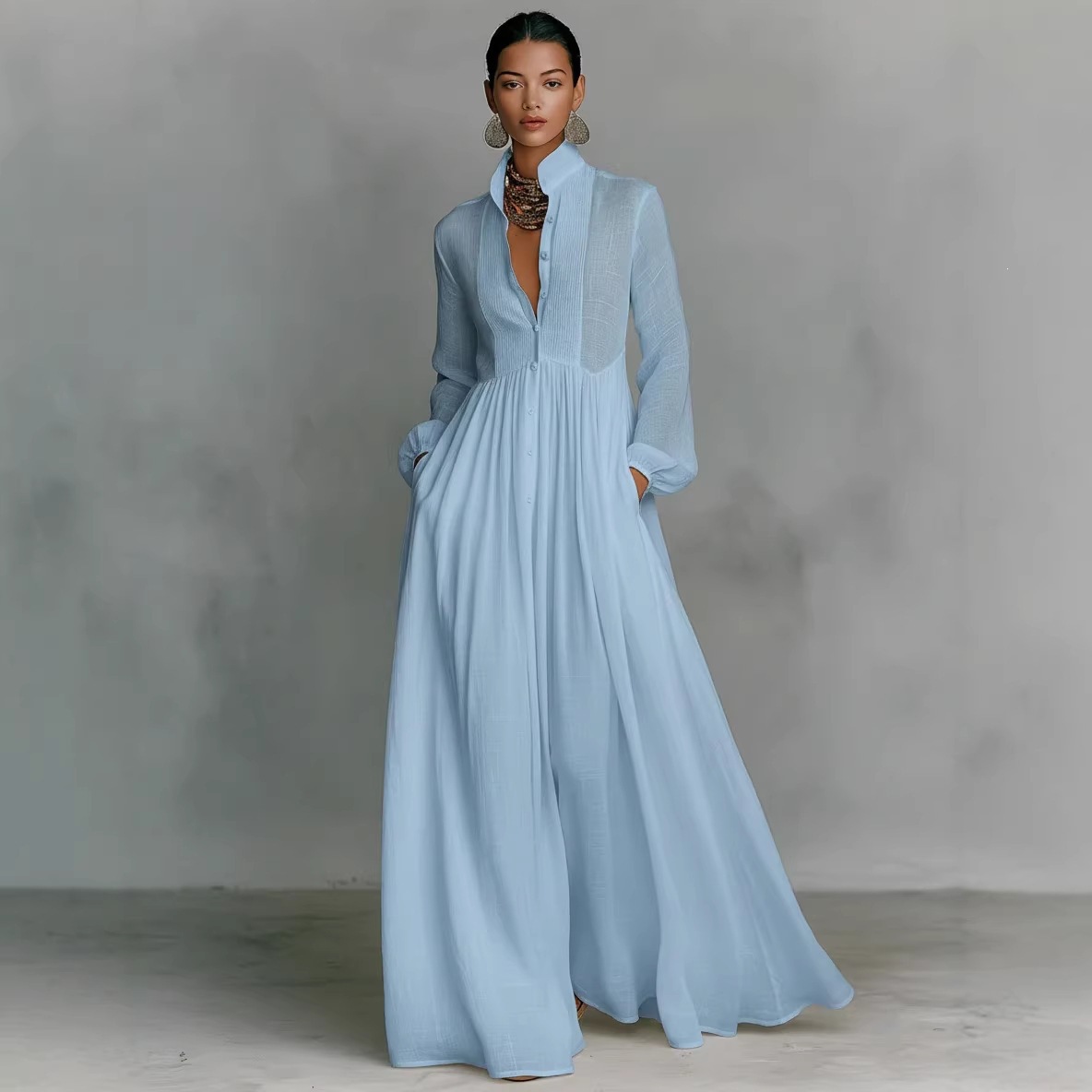 Women's Pleated Long Sleeve A-Line Maxi Dress