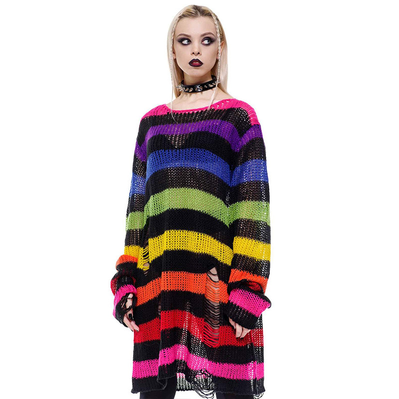 Punk Slouchy Mohair Oversized Distressed Rainbow Gradient Striped Midi Sweater