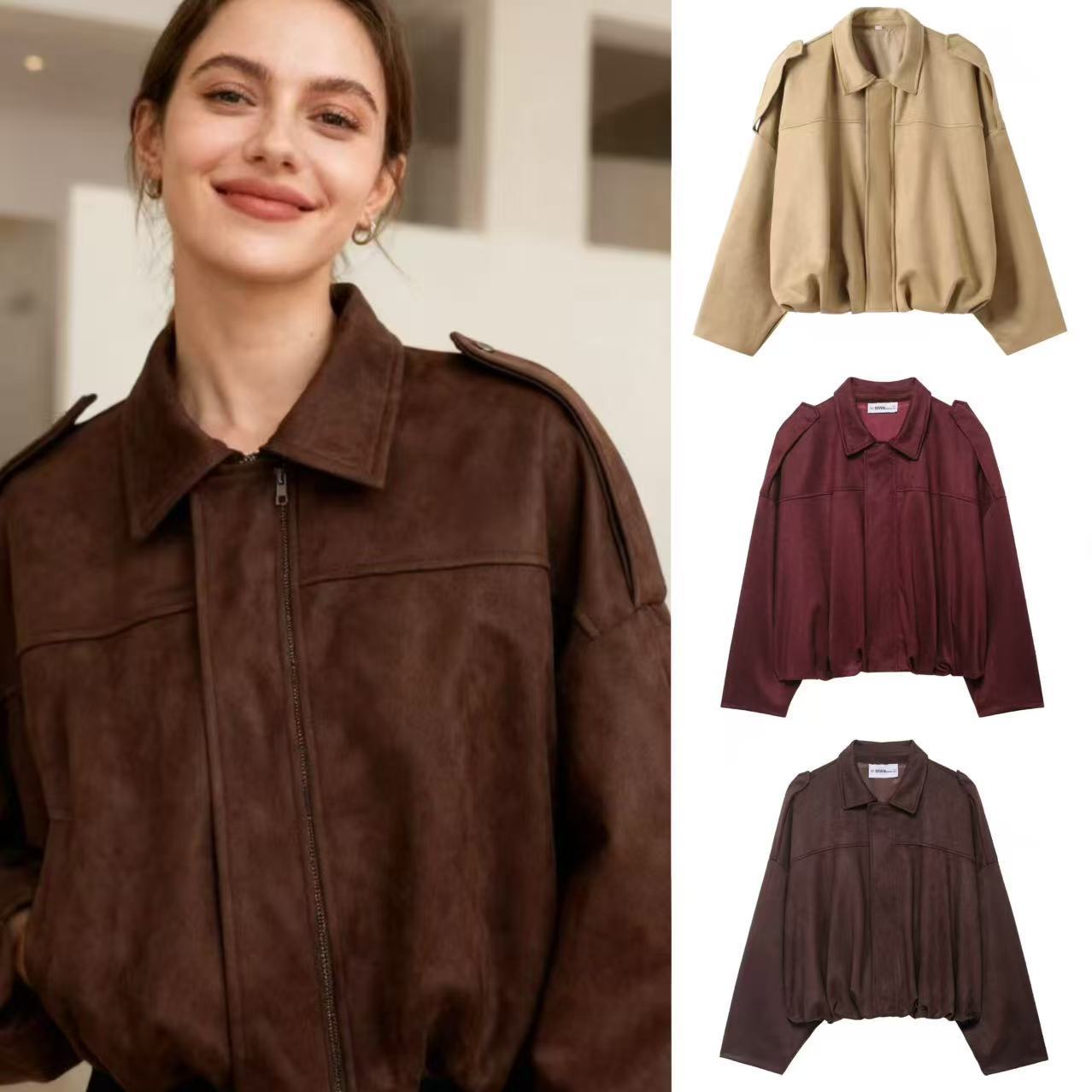 Suede-Feel Faux Leather Bomber Jacket with Collar
