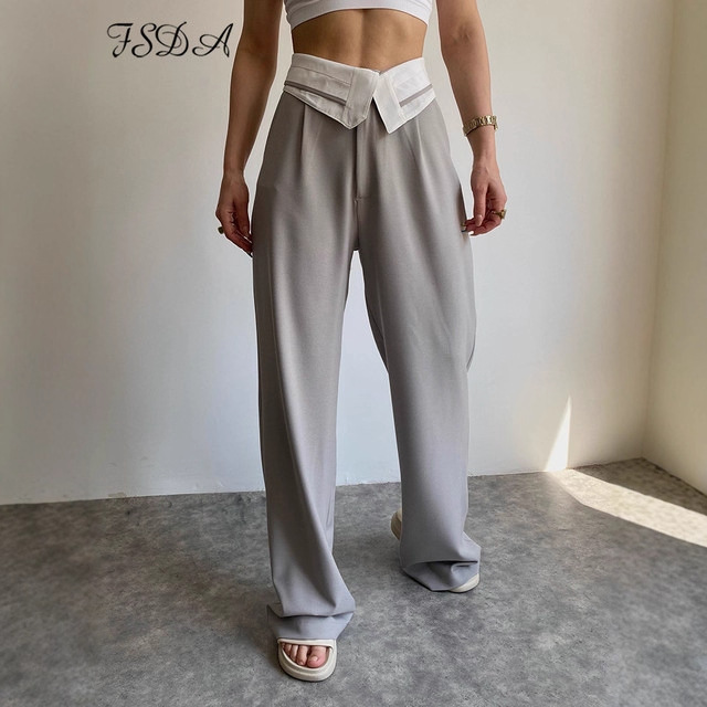 Women's High-Waist Wide-Leg Straight Pants with Fold-Over Waistband