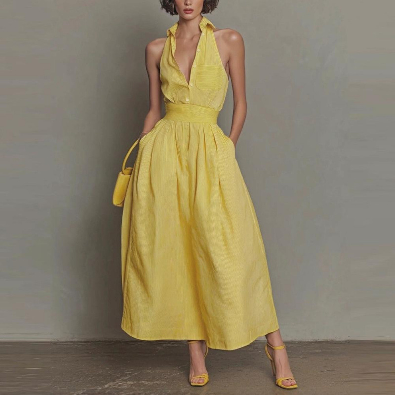 Yellow Striped V-Neck Sleeveless A-Line Maxi Dress