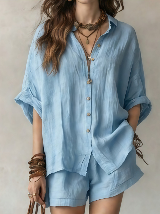 Women's Solid Color Loose Button-Front Shirt and Shorts Casual Set