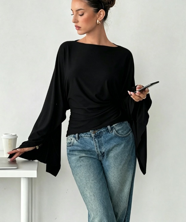 Solid Color Waist-Cinched Flare-Sleeve Long-Sleeve Top