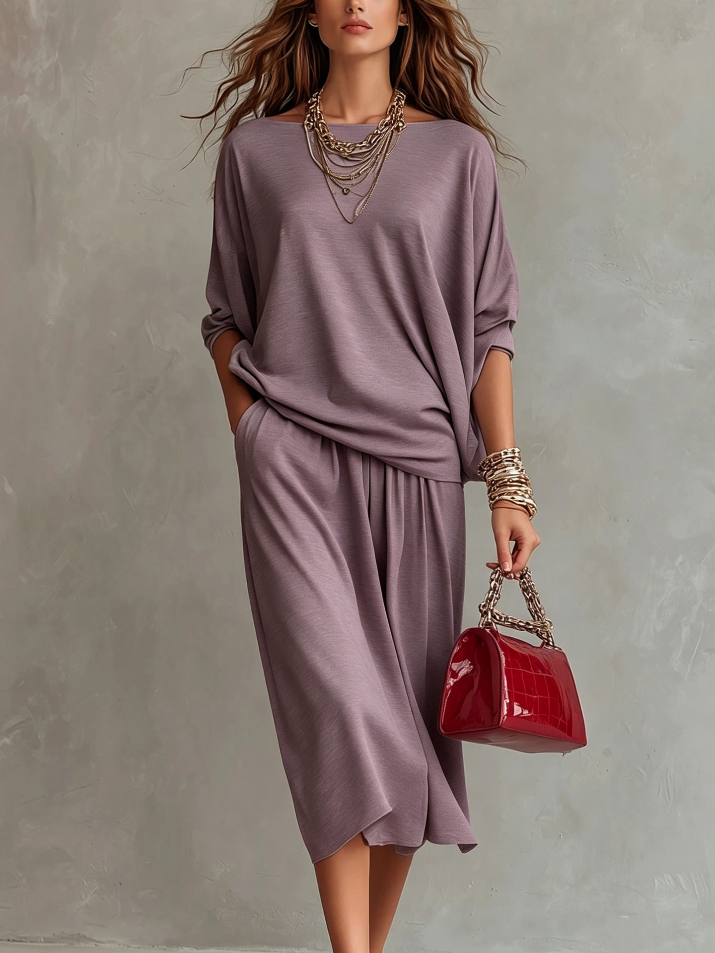 Off-Shoulder Knit Top & Midi Skirt Set Casual Loungewear