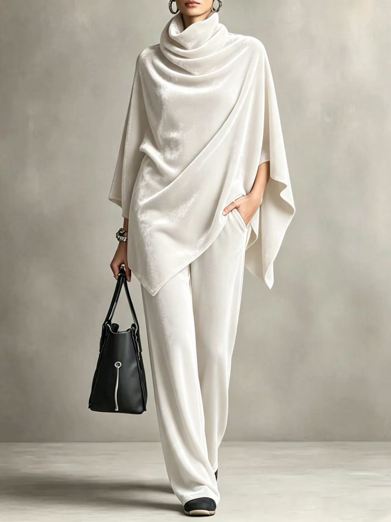 Women's Korean Velvet Cowl Neck Cape Top & Wide-Leg Pants Two-Piece Set