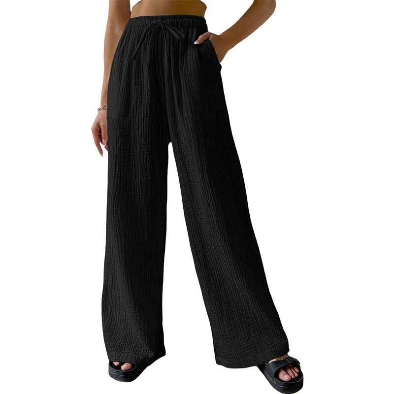 Cotton-Linen Crinkled Wide-Leg Lounge Pants for Women, Loose Solid Color