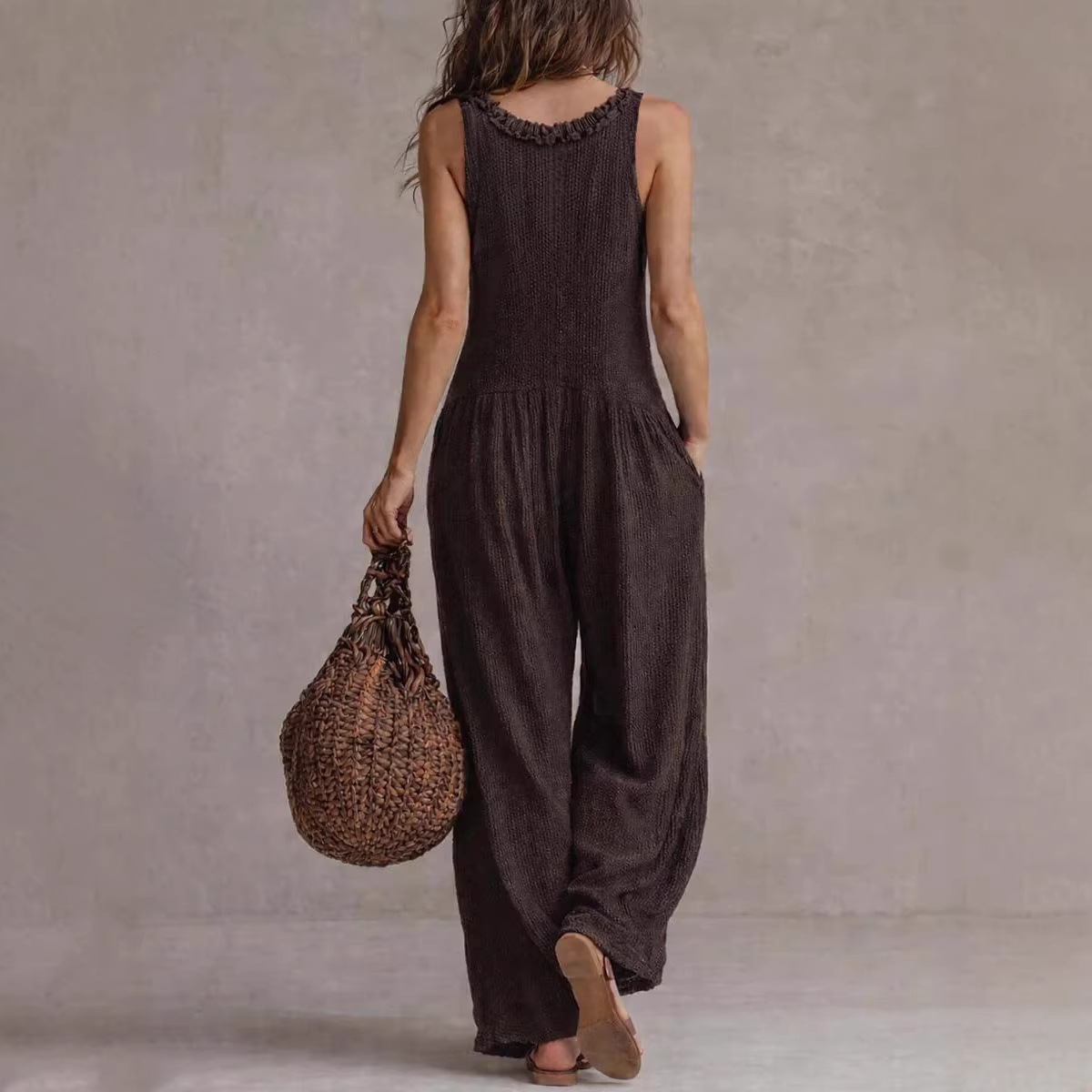 Women's V-Neck Sleeveless Wide-Leg Knit Jumpsuit