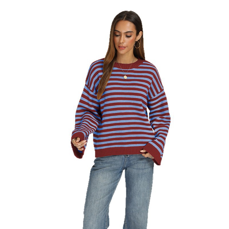 Striped Crewneck Pullover Sweater Loose Knit Top