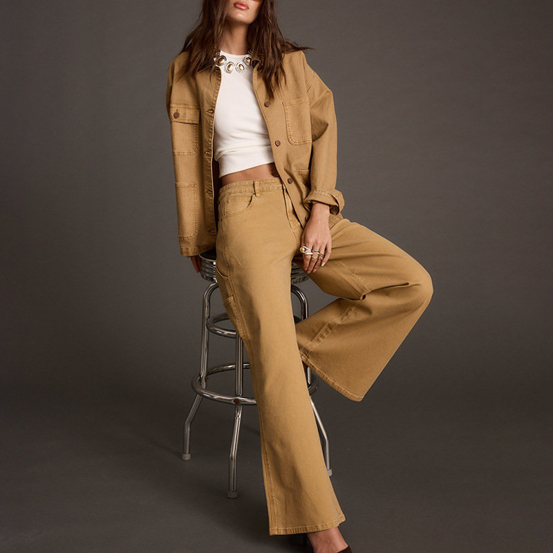 Women's Long Sleeve Ruched Top and High-Waist Wide-Leg Pants Two-Piece Set
