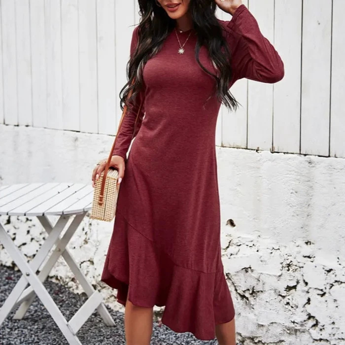 Women's Long Sleeve Round Neck Casual Split Spliced Asymmetrical Dress