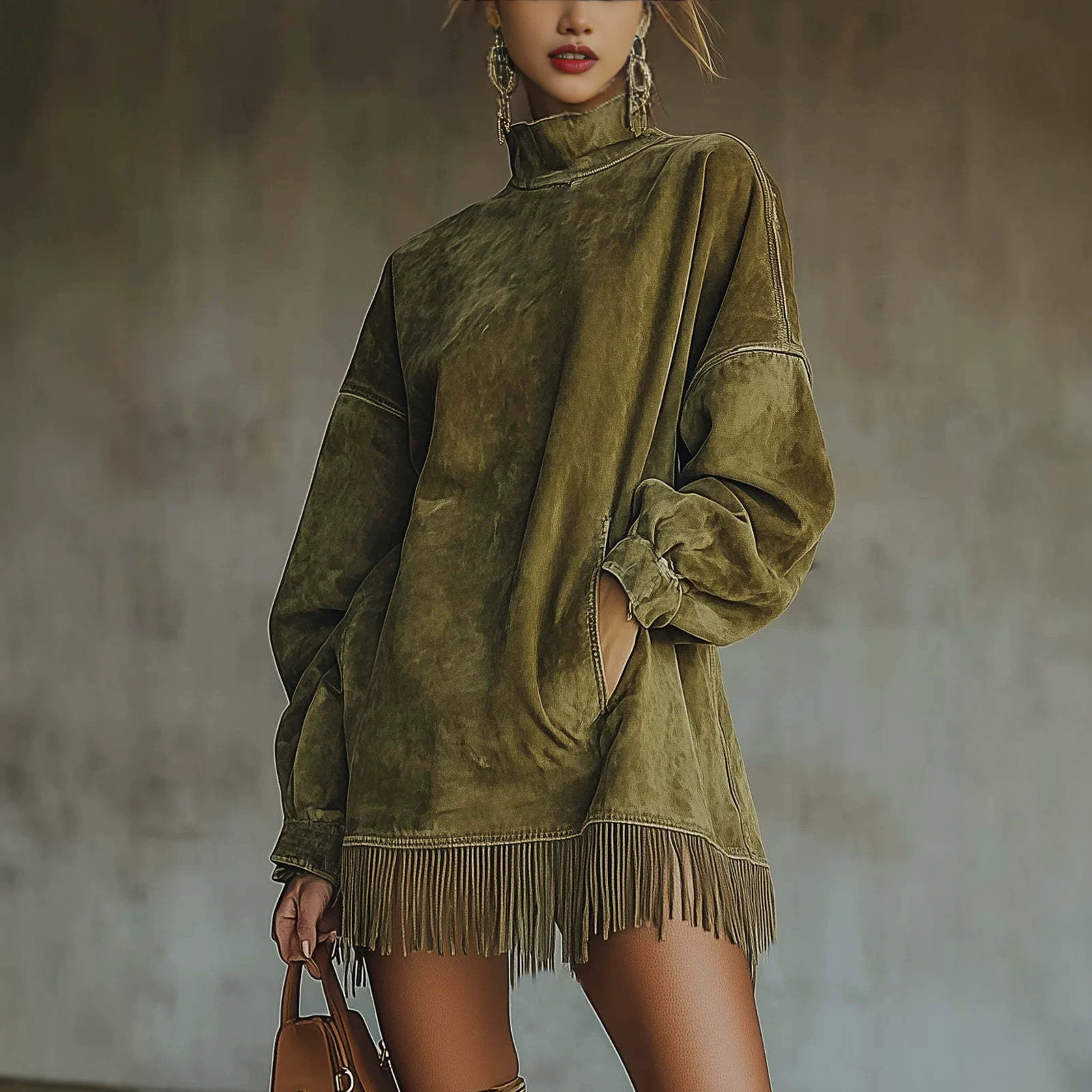 High Neck Faux Suede Tassel Long Sleeve Dress