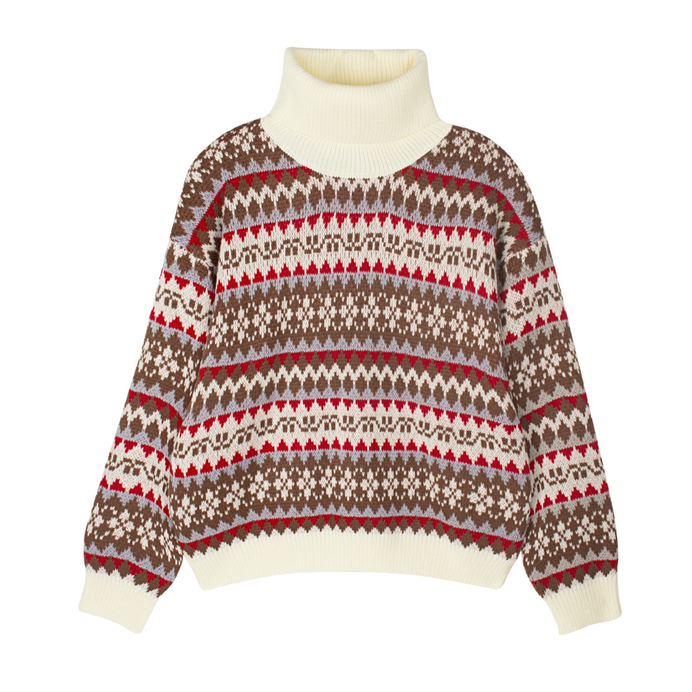 Fair Isle Zigzag Pullover Sweater, Retro Loose Knit, Red
