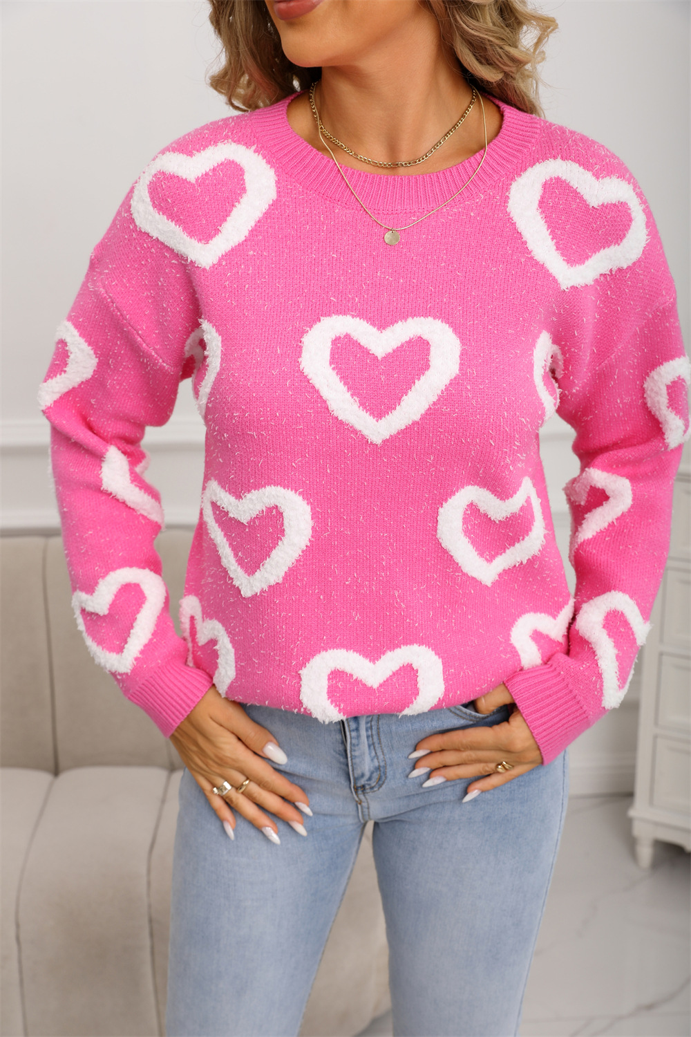 Women's Loose Crewneck Heart Colorblock Pullover Sweater