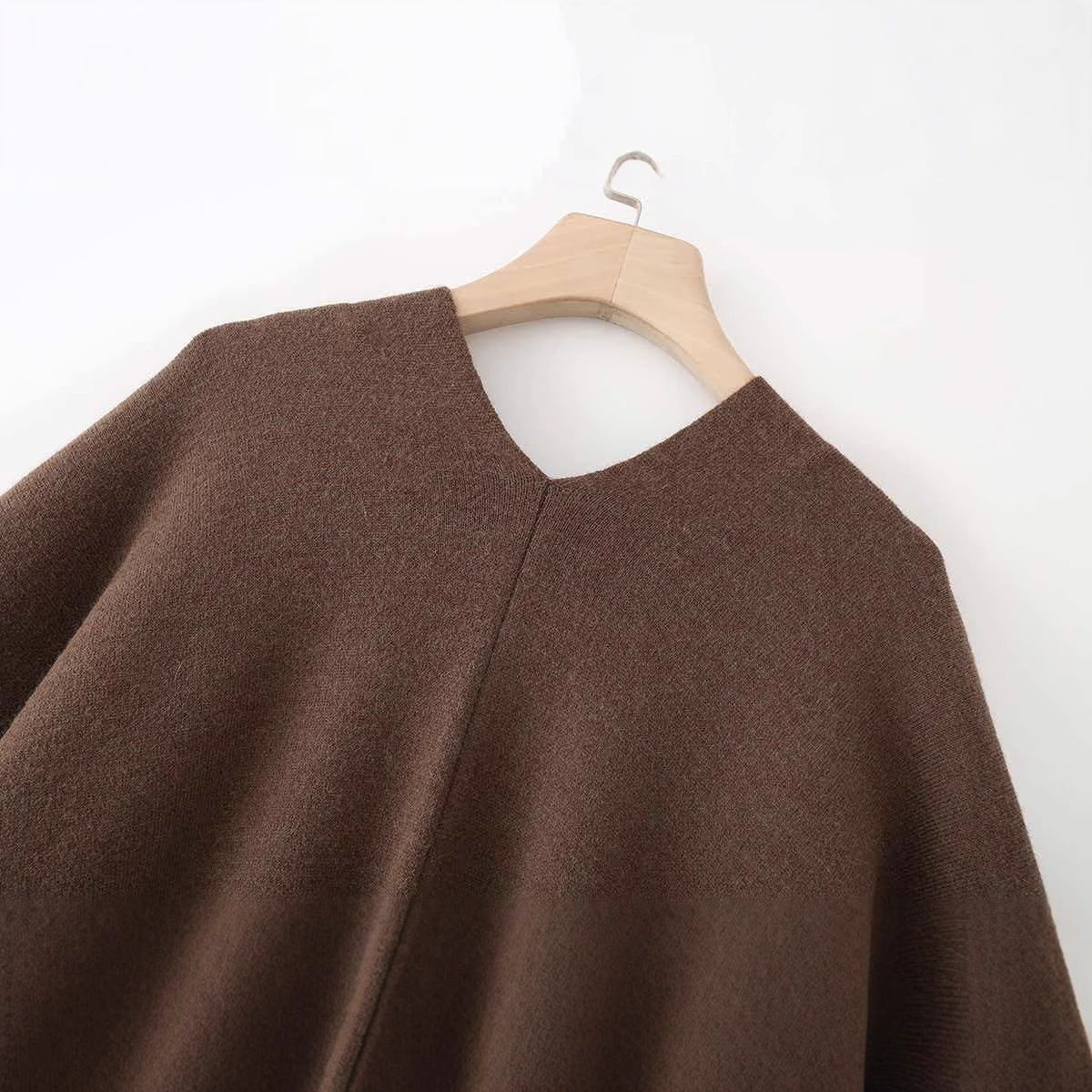 Dark Brown V-Neck Loose Cape-Style Knit Cardigan Coat