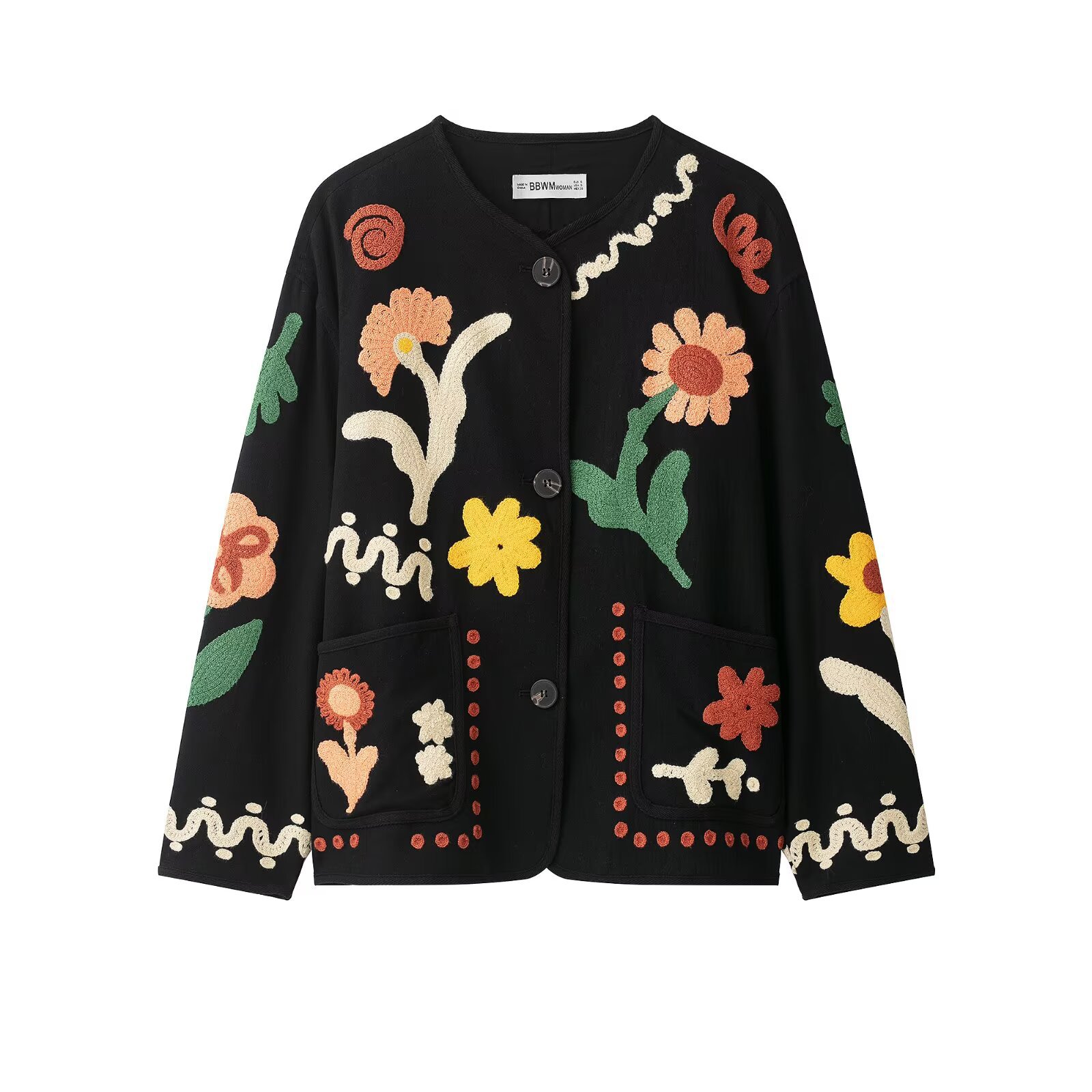 Women's Floral Embroidered Crewneck Jacket Coat