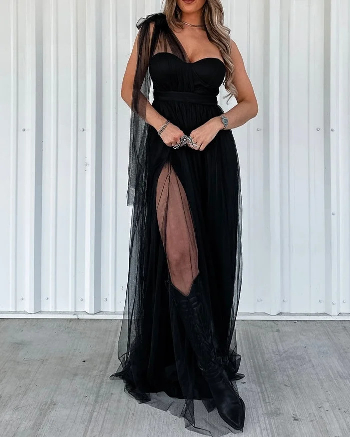 Mesh Panel Halter Maxi Dress with Open Back