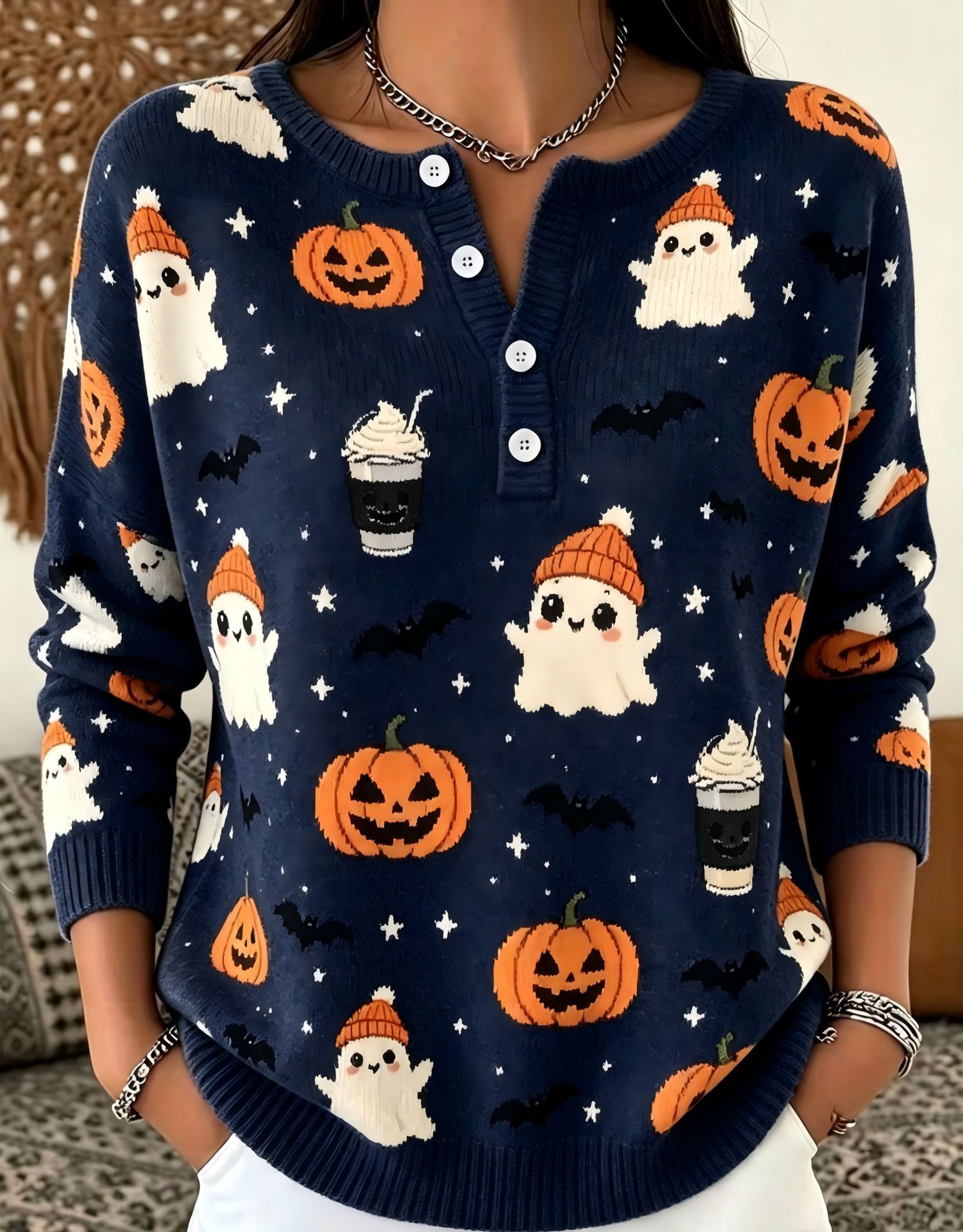 Women's Halloween Pumpkin Ghost Print Button Sweatshirt