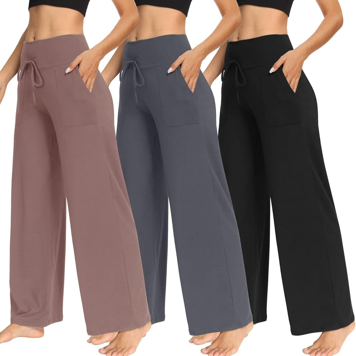 Women's High-Waist Straight-Leg Wide-Leg Pants with Drawstring, Drapey Casual Yoga Trousers