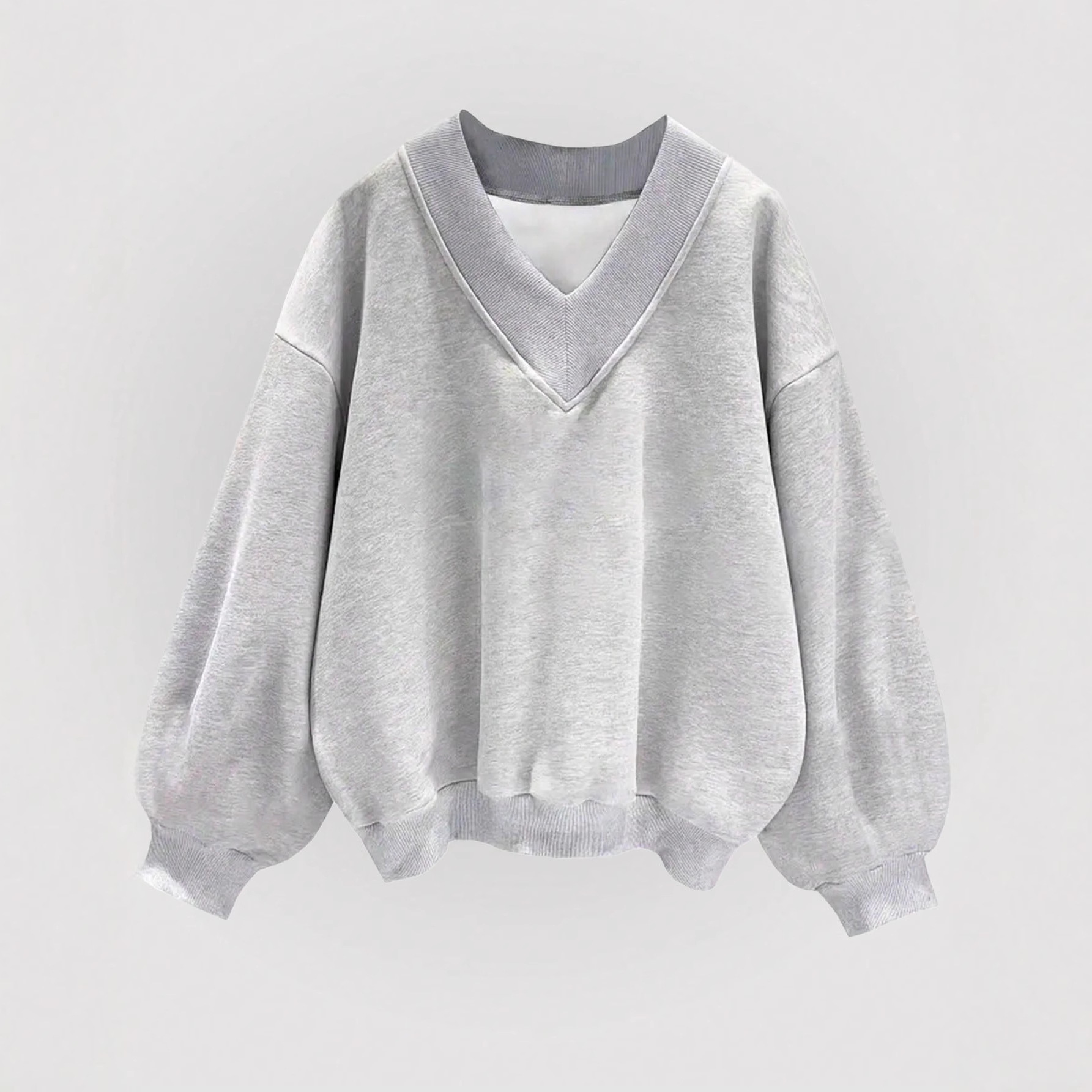 Gray V-Neck Pullover Sweatshirt Long Sleeve Loose Fit