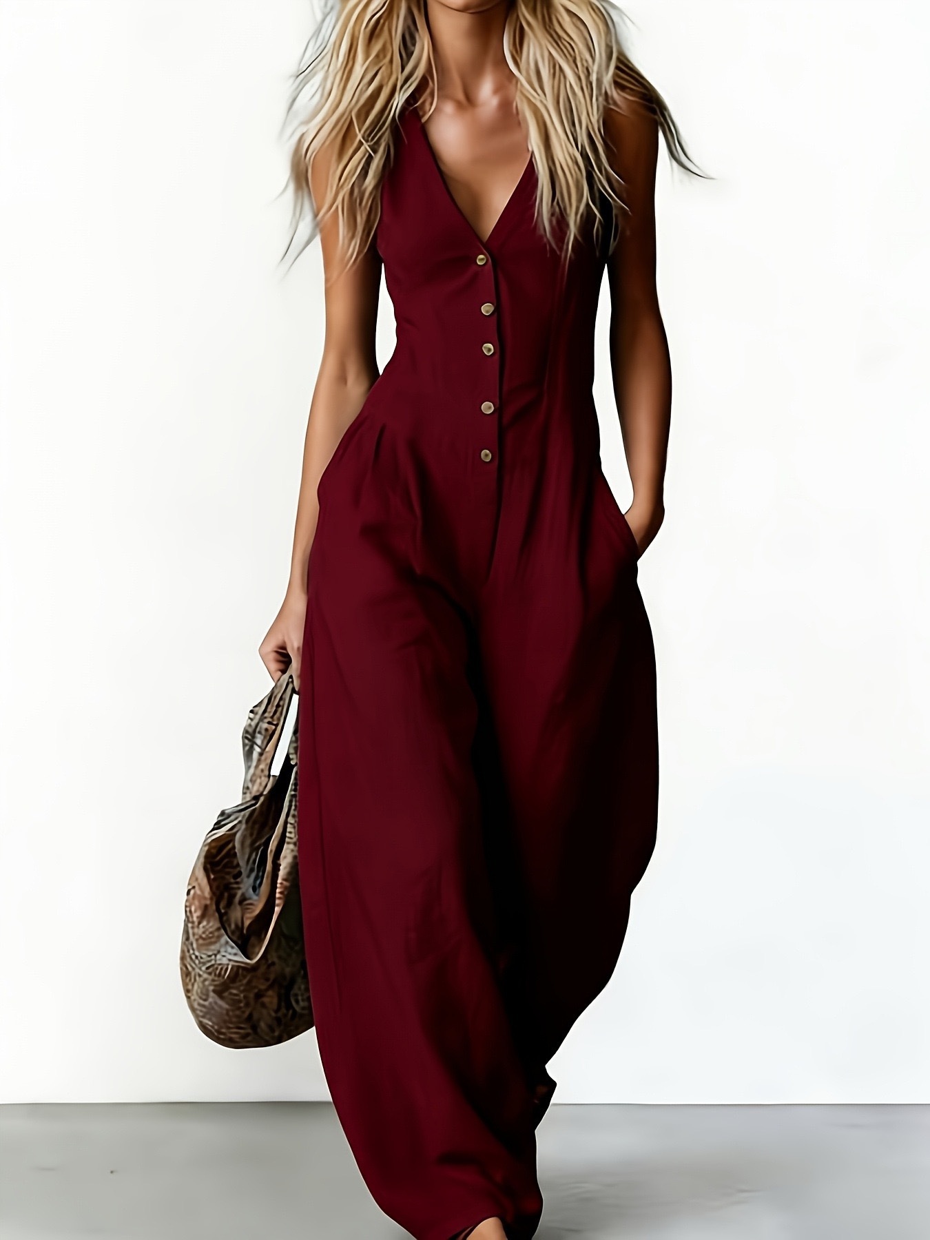 V-Neck Button Sleeveless Wide-Leg Jumpsuit