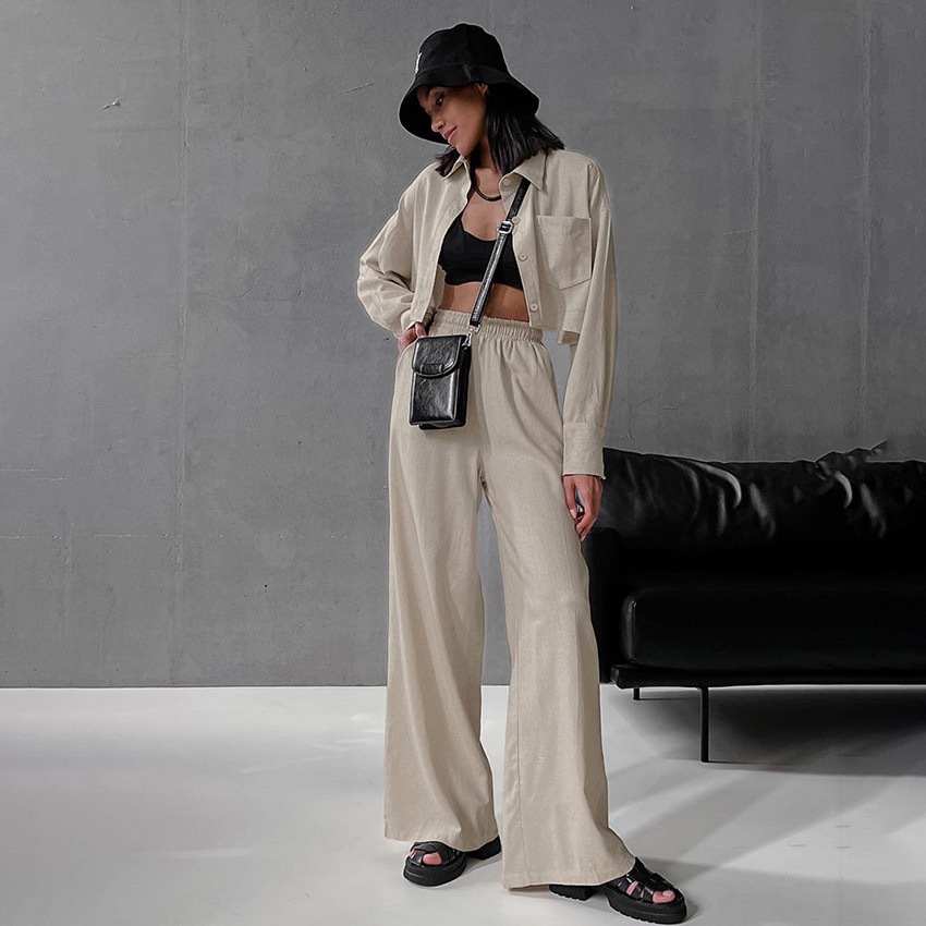 Women's Commuter Two-Piece Set Long Sleeve Shirt & Wide-Leg Pants Slimming