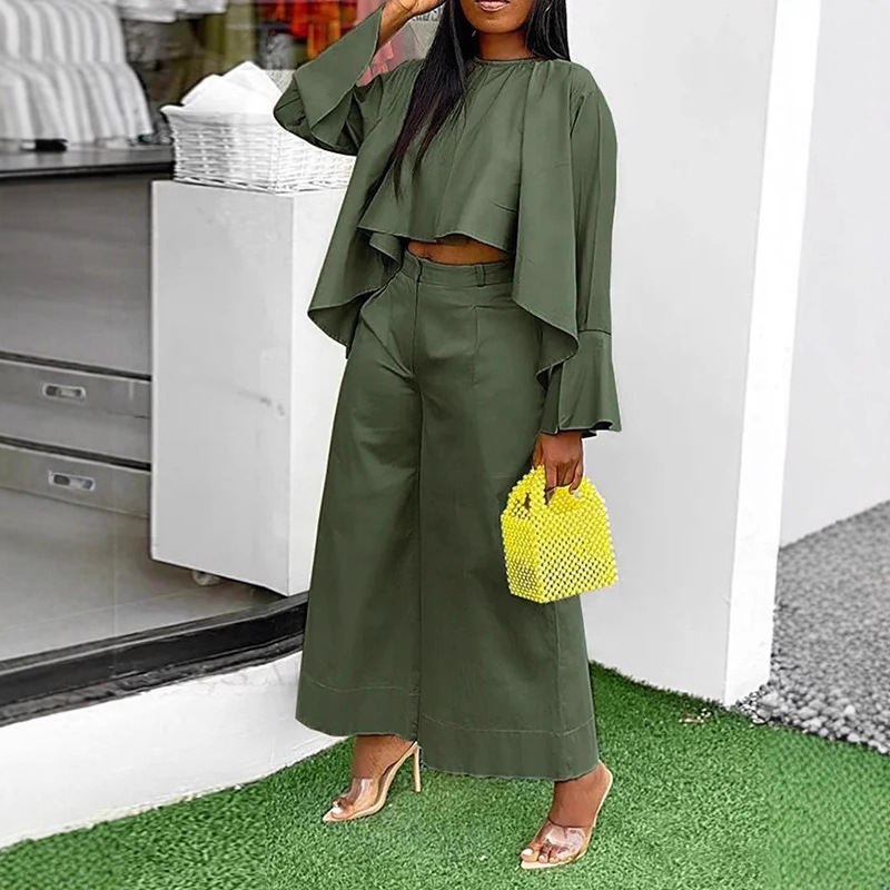 Elegant Asymmetric Long Sleeve Shirt and Straight Leg Pants Two-Piece Set