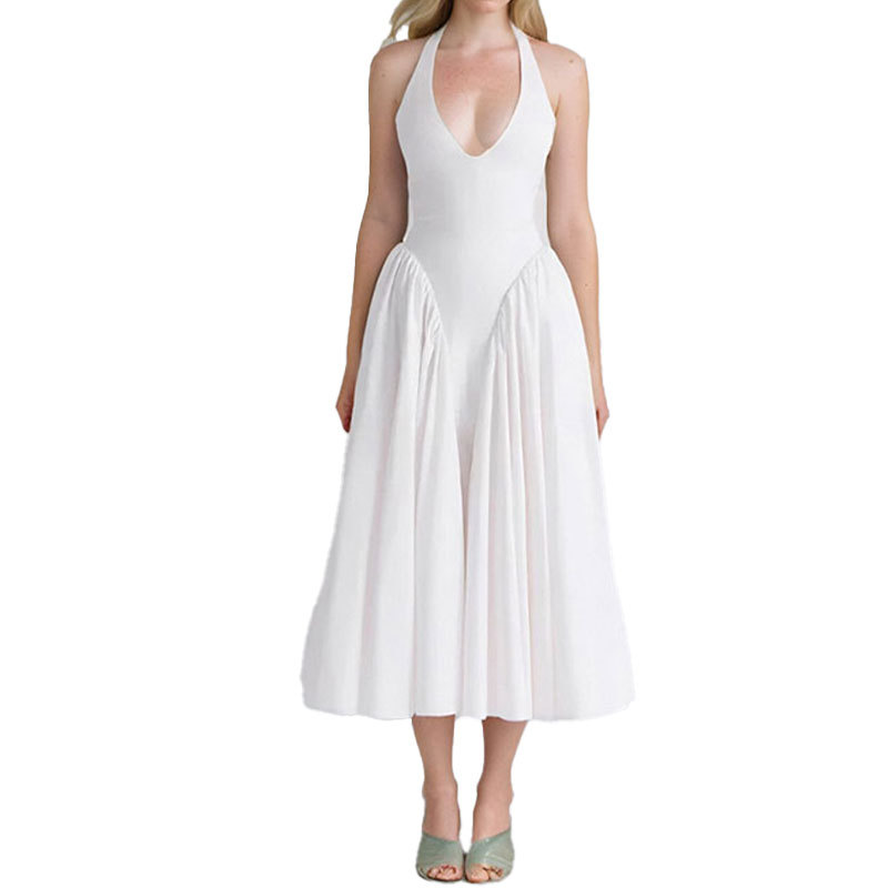Women's Halter V-Neck Pleated A-Line Midi Dress