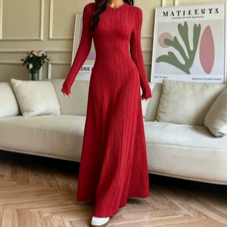 Women's Ribbed Knit Crewneck Long Sleeve Slim Fit A-Line Maxi Dress