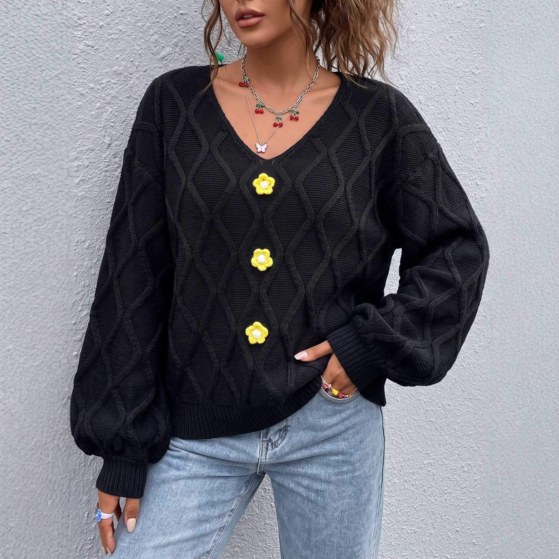 Women's Retro V-Neck Diamond Knit Sweater with Lantern Sleeves