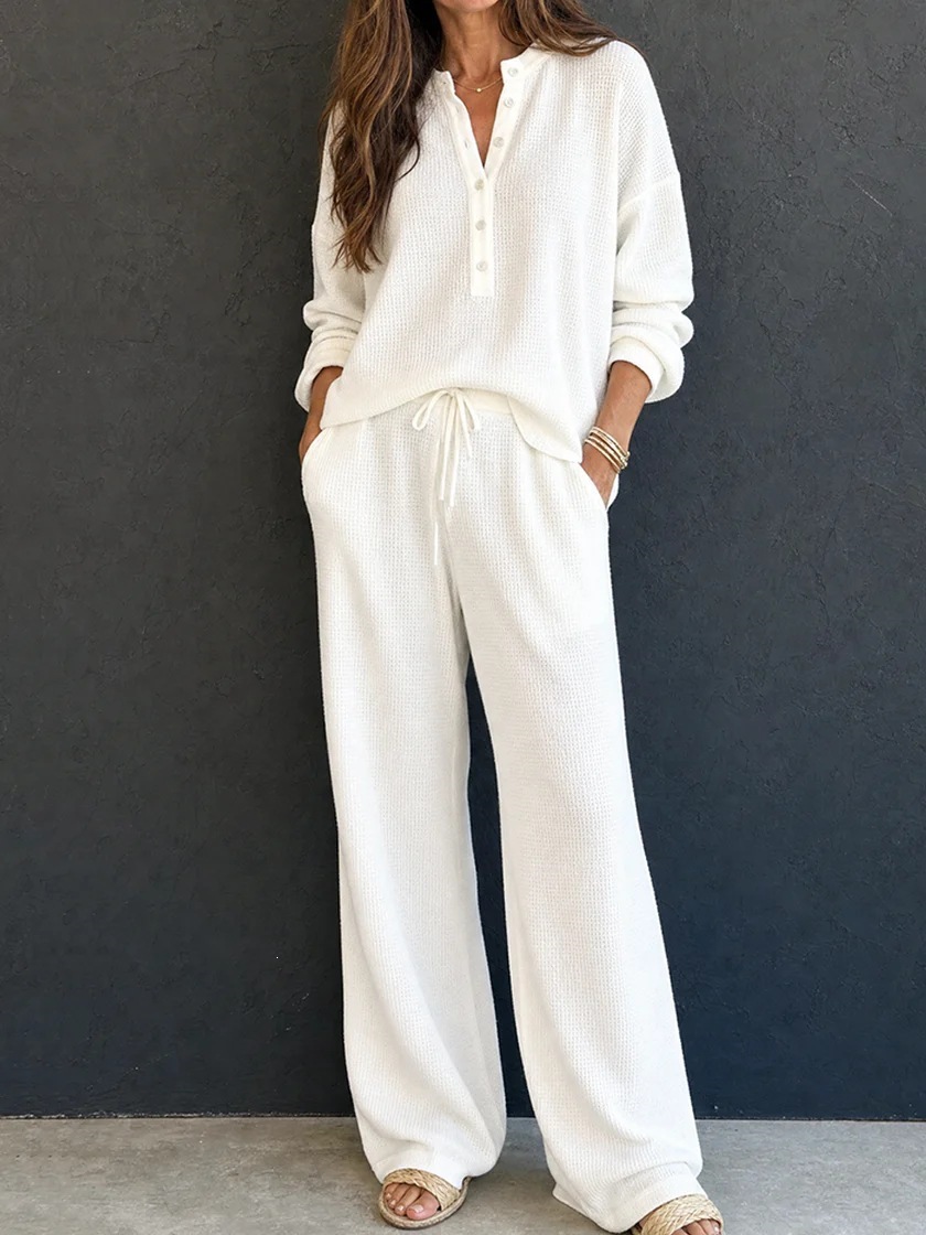 Women's Retro Waffle Knit Long Sleeve Top and Pants Set