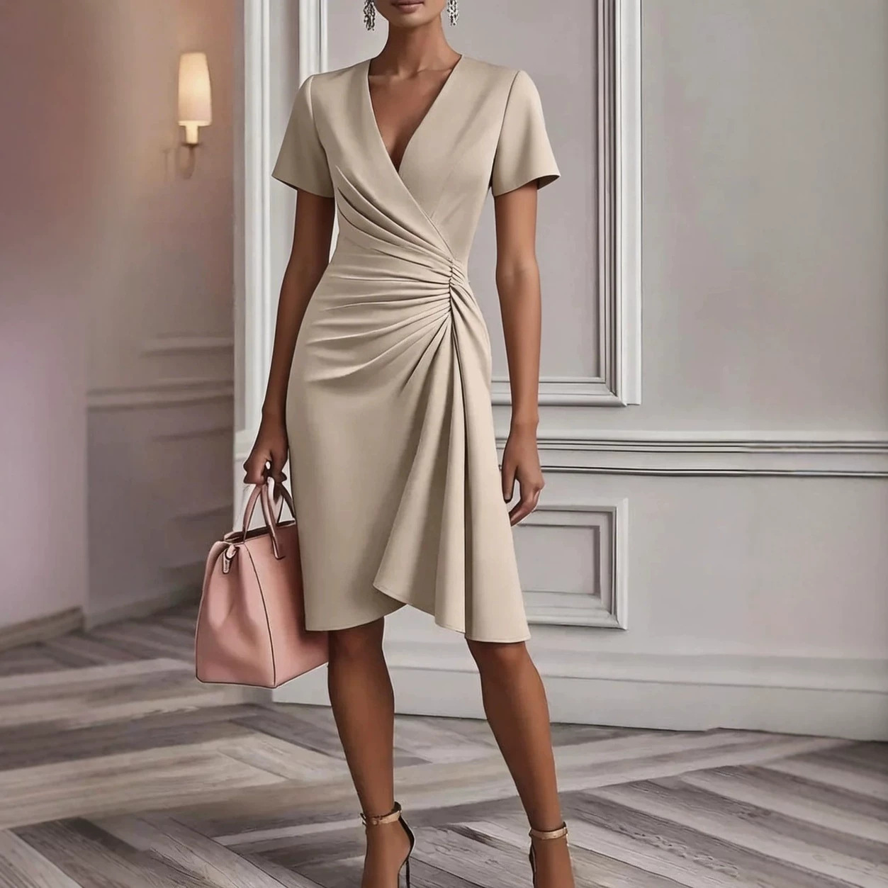 Women's Cross V-Neck Waist-Defined Solid Short Sleeve Dress