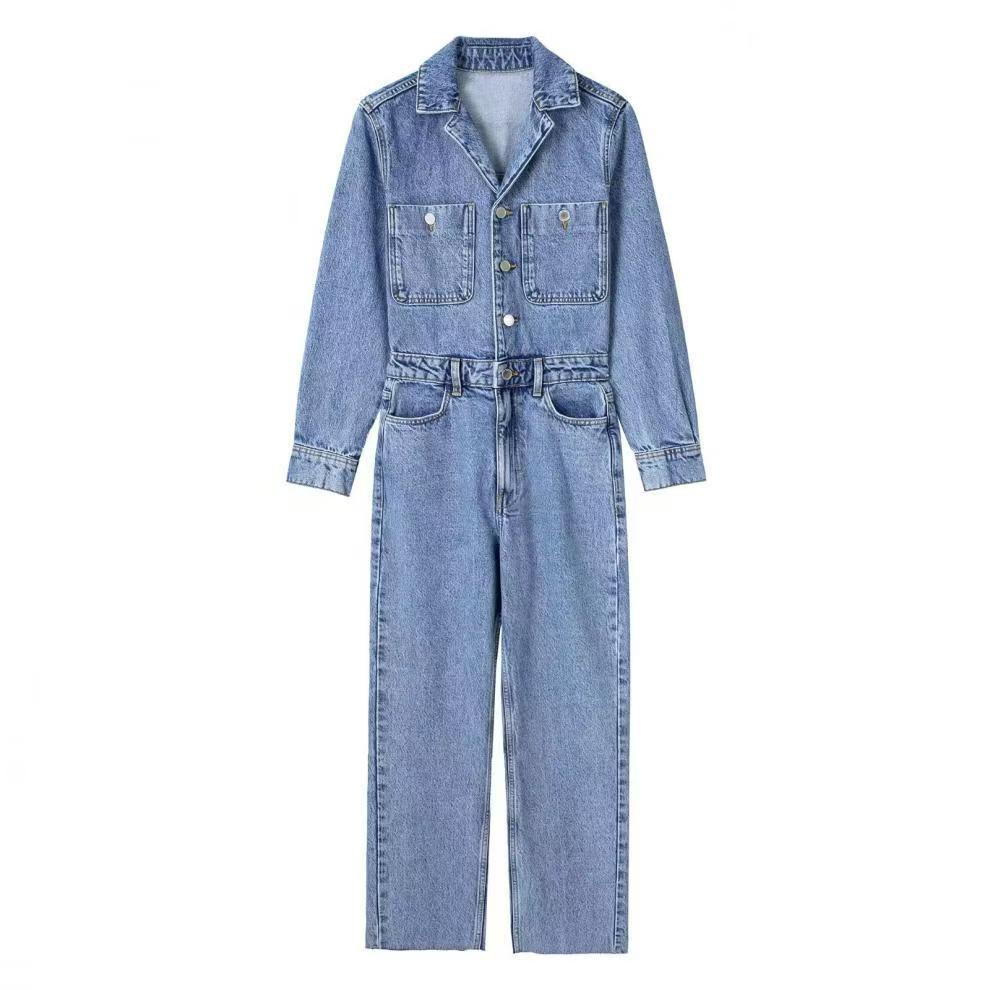 Women's Denim Jumpsuit with Blazer Collar and Waist Belt