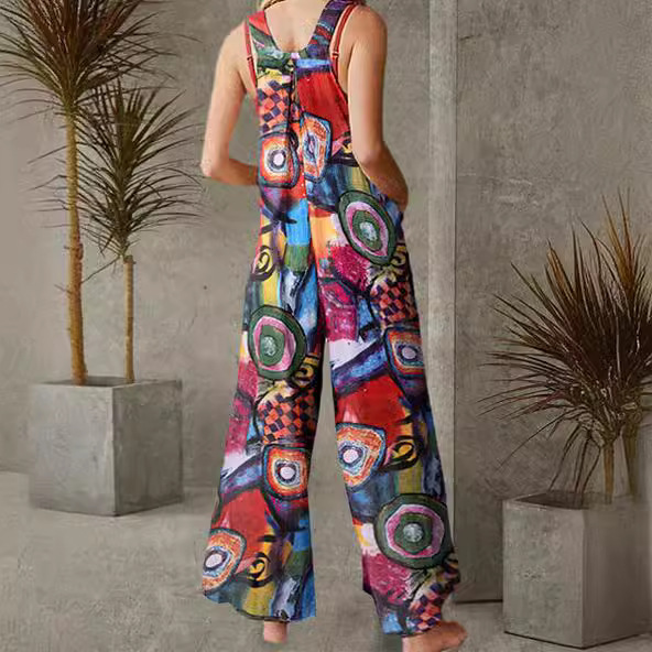 Printed Wide-Leg Jumpsuit with Straps