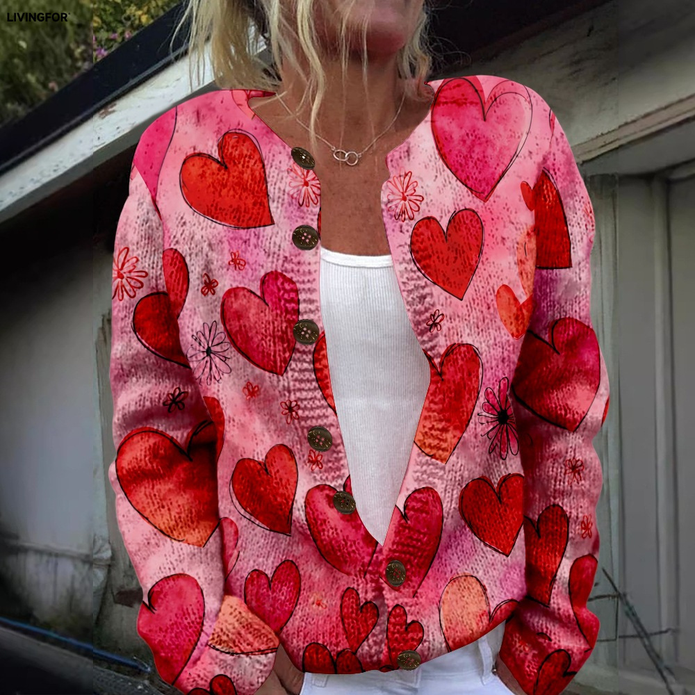 Women's Heart & Flower Print Button Cardigan Sweater