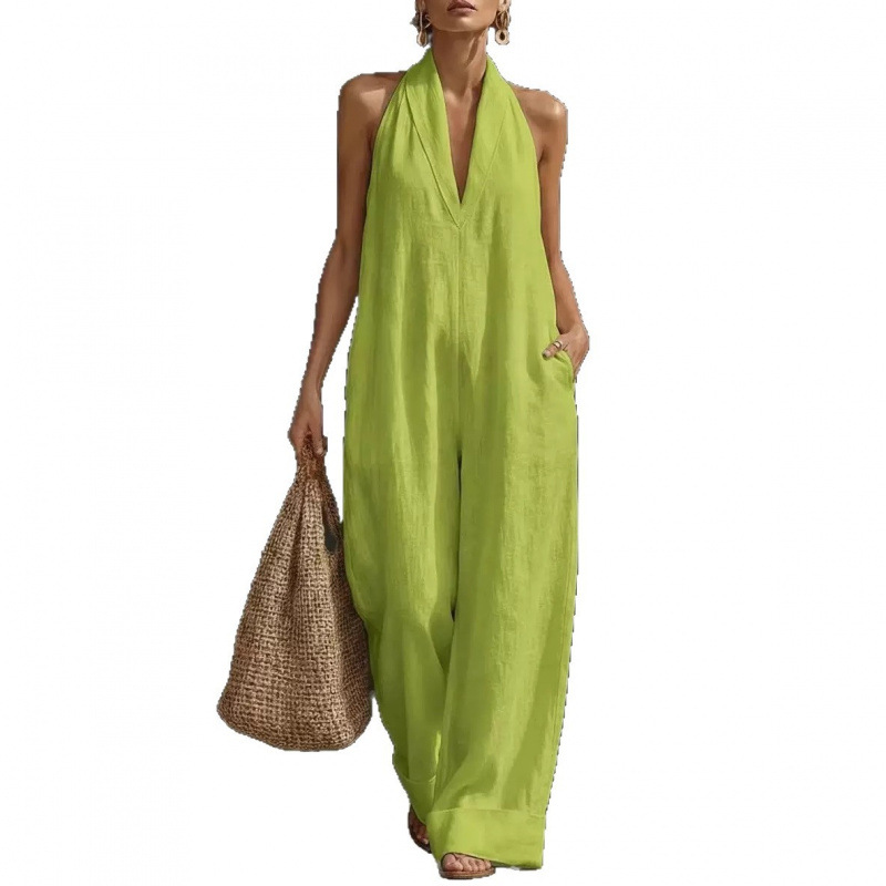 Women's Solid Color Sleeveless V-Neck Halter Jumpsuit