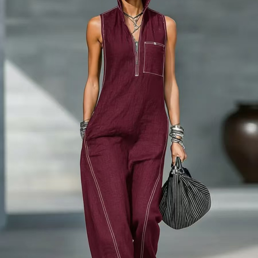 Women's Sleeveless Stand Collar Wide-Leg Jumpsuit Casual Loose Solid Color