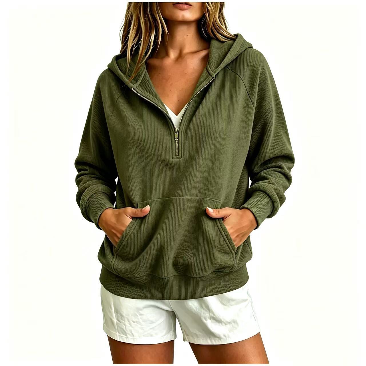 Corduroy Hooded Zip-Up Sweatshirt for Women