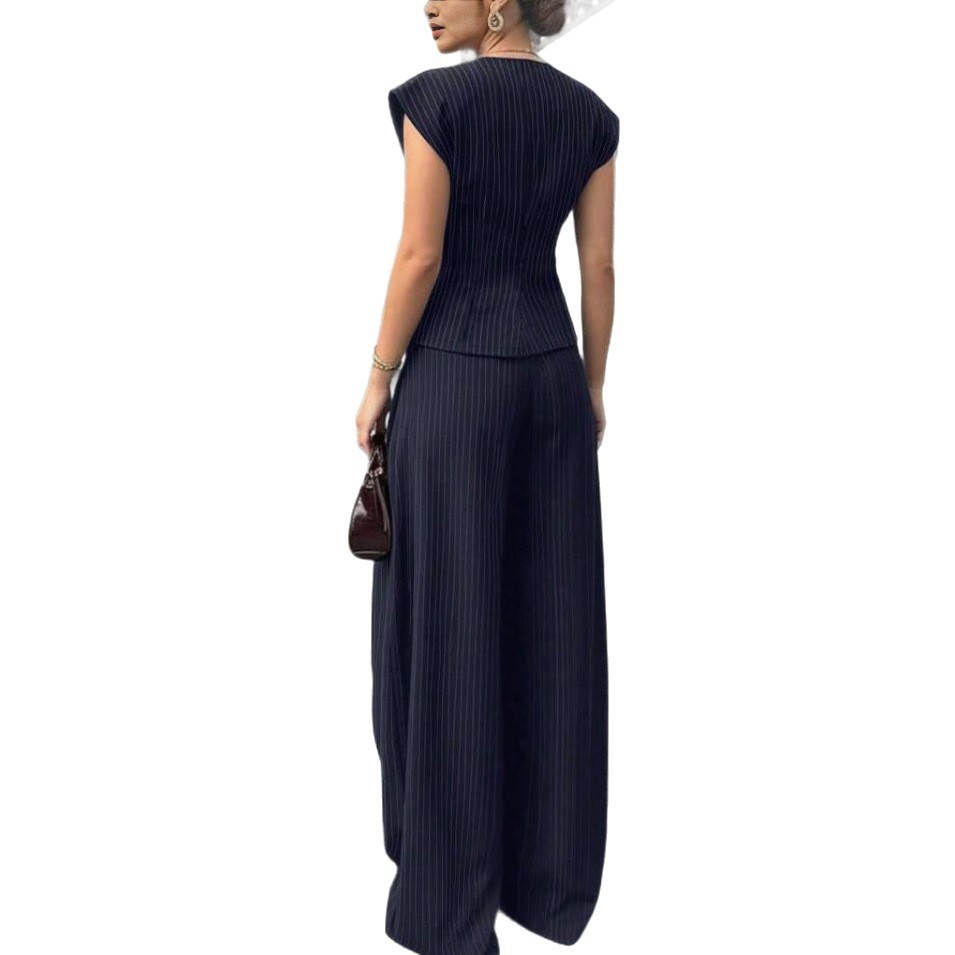 V-Neck Sleeveless Wide-Leg Pants Set Slimming Waist Commuter Women's