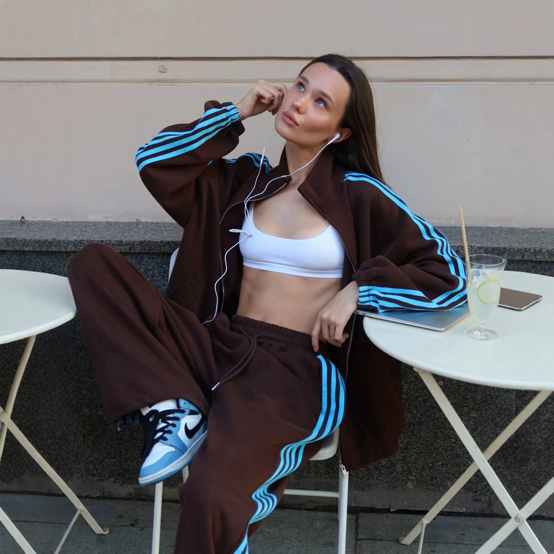 Women's Color-Block Three-Stripe Zip-Up Stand Collar Jacket and Wide-Leg Pants Cotton-Blend Two-Piece Set