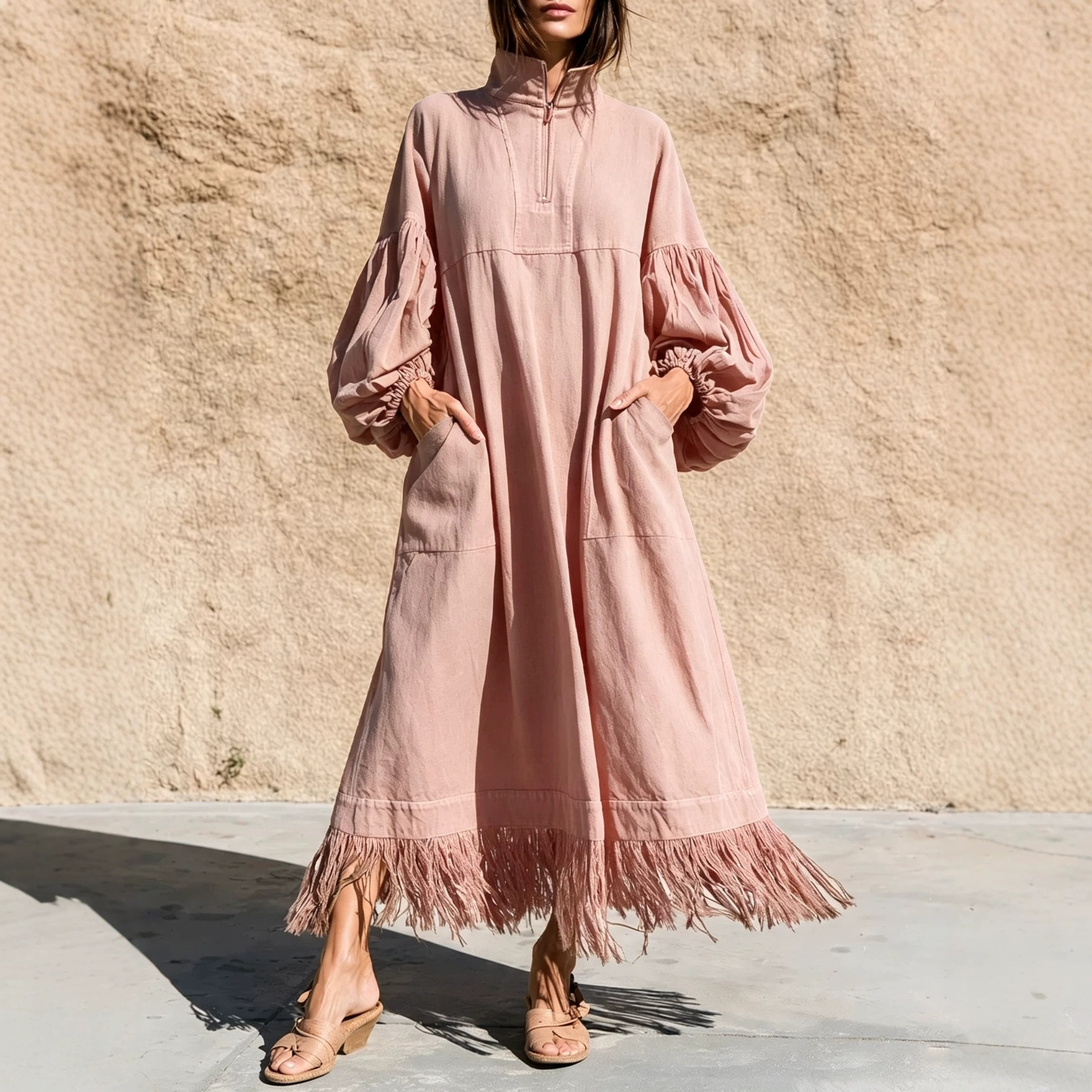 Women's Stand Collar Zip Lantern Sleeve Loose Dress with Fringe Hem